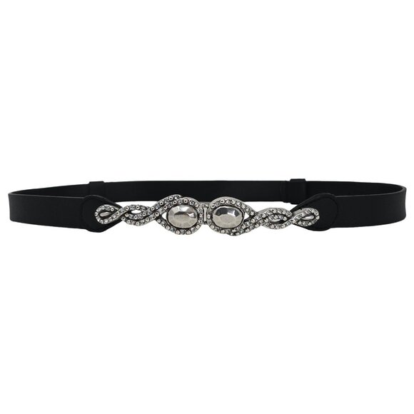 Chico’s Black Leather Adjustable Belt M/L Silver Rhinestone Buckle Waist Cinch - Picture 1 of 11